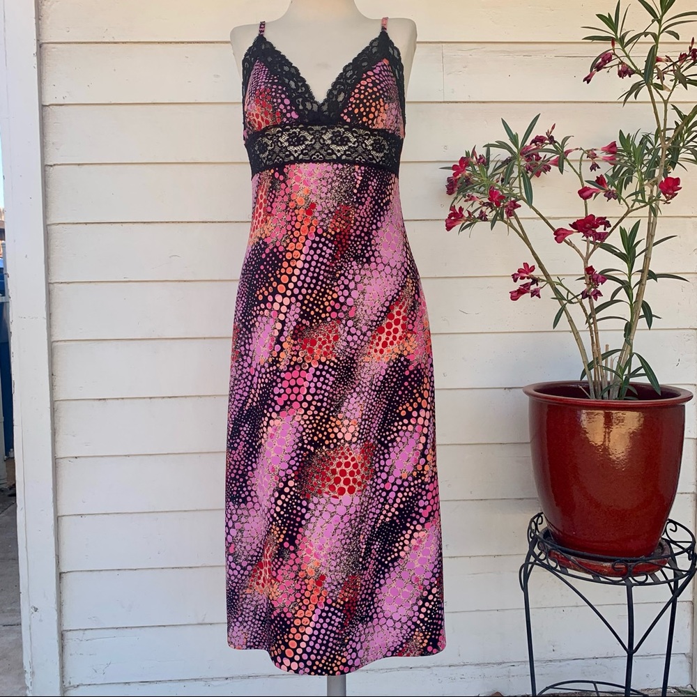 Vintage Betsey Johnson 90 2000 y2k Lace Silky Slip Dress Midi Print Wrap Sexy M